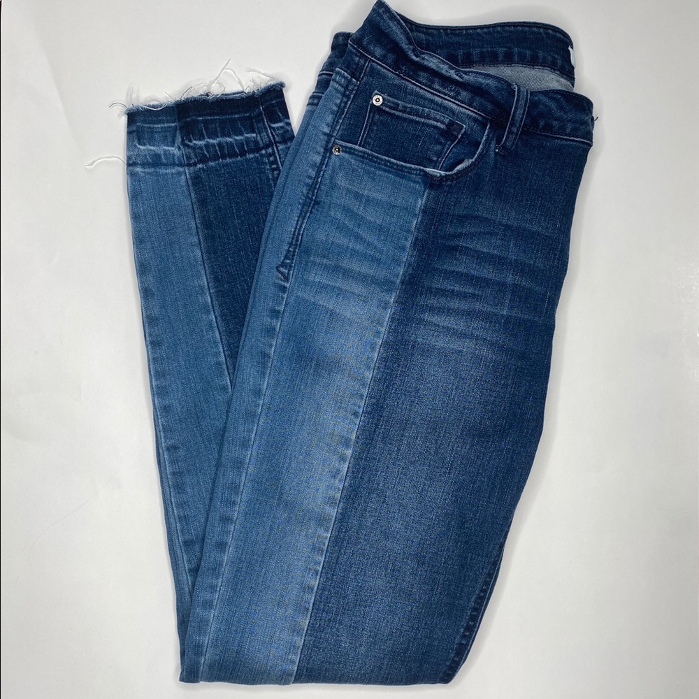 Kensie Jeans Two Tone Skinny Jeans with Raw Hem at Bottom